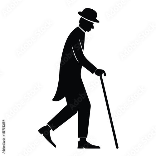 Silhouette of a gentleman in a hat and suit walking with a cane isolated on white background