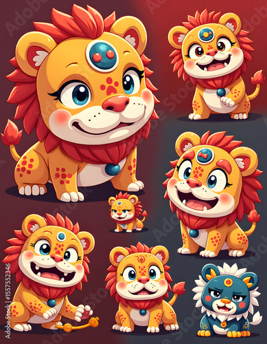 A collection of adorable cartoon lions with expressive faces in a vibrant composition.