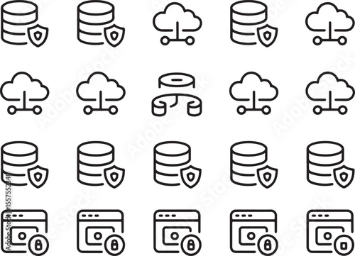 Data Protection Icons: A modern collection of database, cloud, and secure connection icons, suitable for website design, user interfaces, and information technology visualizations.