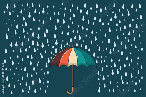 Pastel vector umbrella with cartoon raindrops, flat illustration for children’s rainy day design, baby room decor, and seamless weather-themed backgrounds
