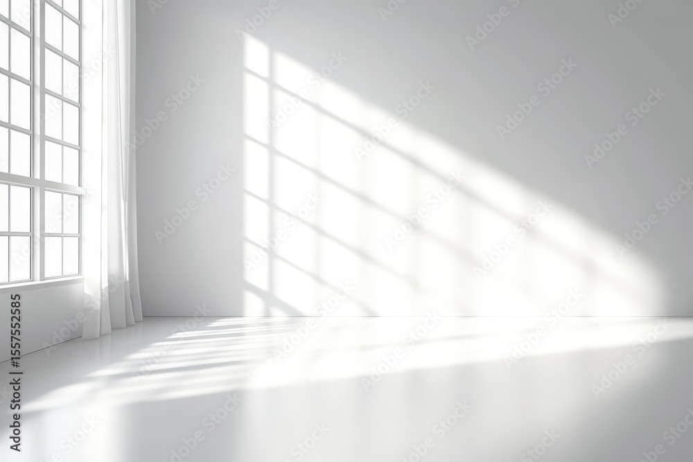 Obraz premium Sunlight streams through a large, grid-patterned window, casting bright shadows on the clean white floor and wall of an empty room.