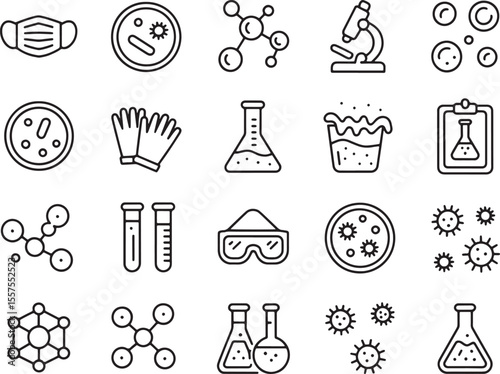 Scientific Icons: A collection of detailed monochrome icons representing the essence of scientific research and medical exploration, symbolizing precision, study.