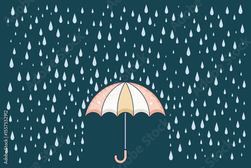 Cartoon umbrella under soft raindrops, vector flat pastel illustration for baby product packaging, educational visuals, and kids room patterns
