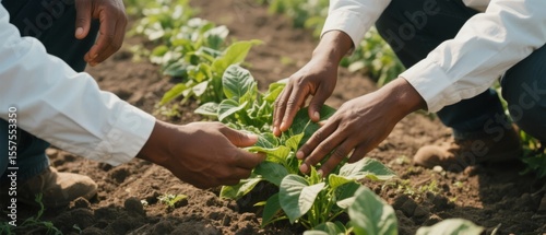 Farmers planting young seedlings in the soil, emphasizing sustainable agriculture practices.