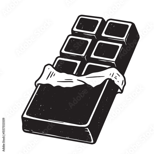 A black and white vintage art silhouette illustration showcases a partially unwrapped chocolate bar with a textured aesthetic on a white background.