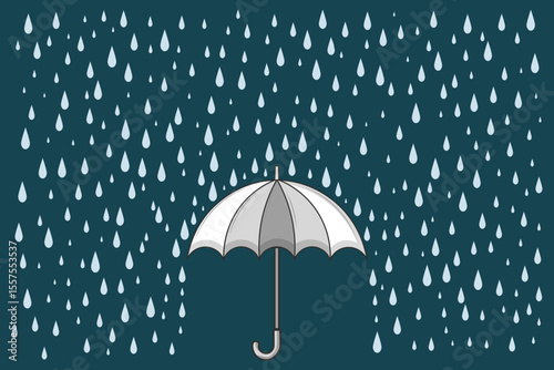 Flat vector cartoon of umbrella with blue raindrops, soft pastel colors ideal for rainy themes, baby illustrations, and seamless kids backgrounds

