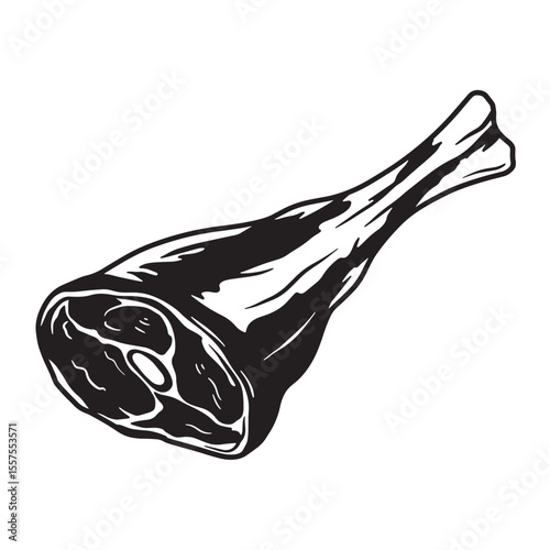 A bold black and white vintage art silhouette illustration of a raw leg of lamb perfect for butcher shops and food design projects.