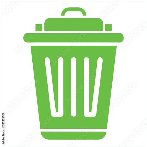 A bright green trash can icon with a white background representing waste management and recycling symbols