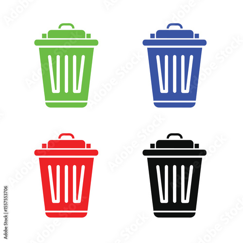 Four colorful icons of trash cans including green blue red and black presented in a clean modern flat design against a white background