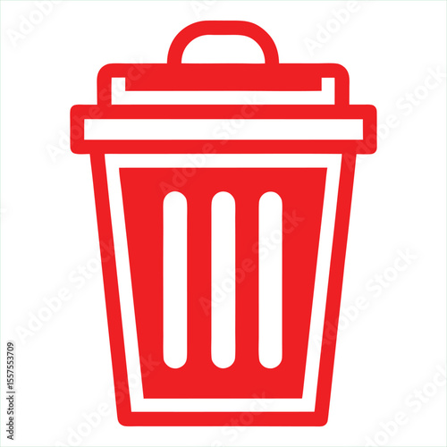 A simple, bold red icon of a trash can with a lid and three vertical slots on a clean white background representing disposal