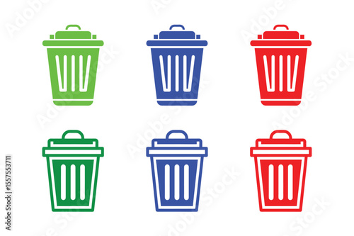 Set of colorful trash can icons in green, blue, and red arranged in two rows on a white background representing waste management, recycling, and disposal concepts