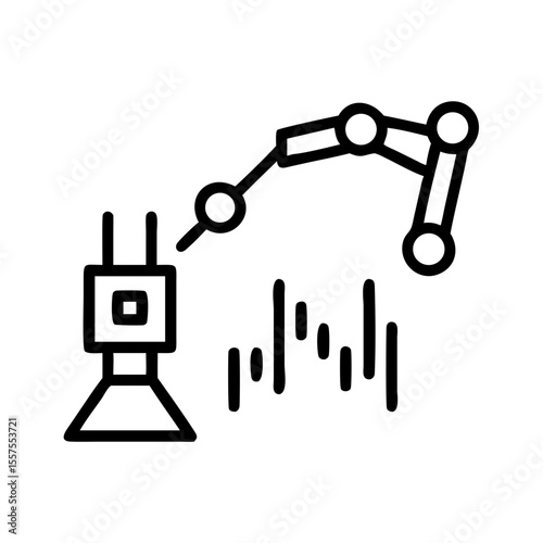 An illustrative black and white depiction of a robotic arm engaged in a production process. The graphic highlights modern technology, innovation, and automation in industry