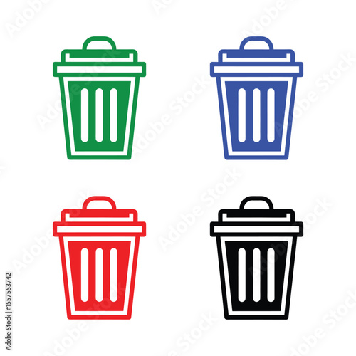 Four simple trash can icons in different colors green blue red and black on a white background representing waste disposal and recycling options