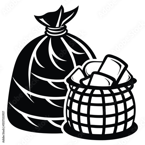 A stylized black and white graphic illustration of a full trash bag next to a wicker basket overflowing with trash items