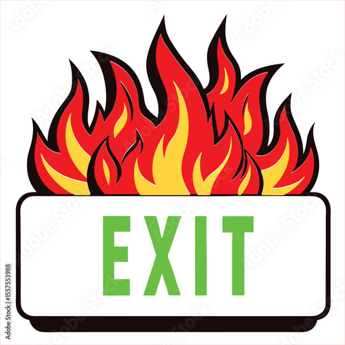 Stylized graphic of a bright green exit sign with bold red and yellow flames rising behind it symbolizing urgency or danger