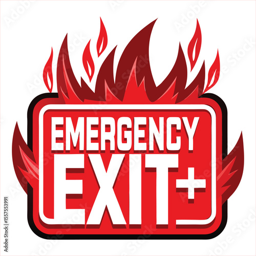 Bold red and white emergency exit sign with stylized flames in a graphic illustration style symbolizing urgency and danger