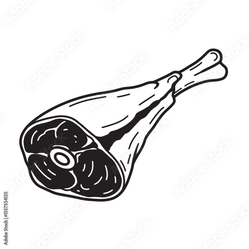 A detailed monochrome vintage art silhouette depiction of a leg of lamb cut showing the cross section meat details perfect for culinary projects.