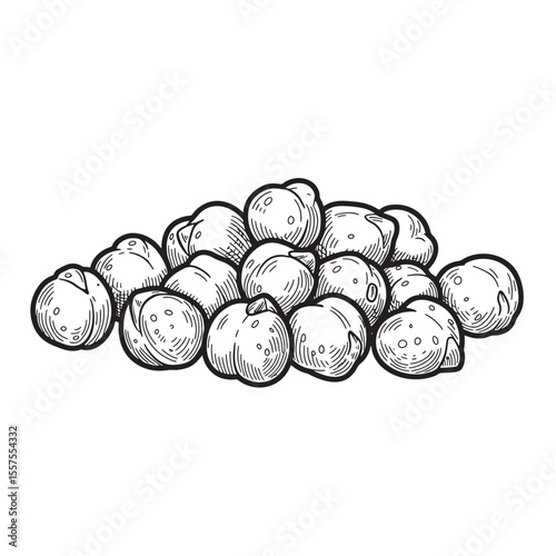 A detailed vintage art silhouette illustration of fresh chickpeas arranged in a pile against a clean white background for design purposes