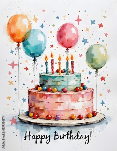 A vibrant watercolor birthday cake with balloons and candles for a party.