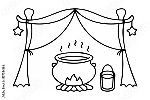 Illustration of a cooking pot over fire with canopy and bucket in a simple style