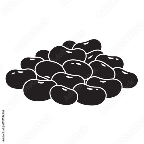 A monochromatic vintage art silhouette illustration of a pile of black beans commonly used in culinary preparations