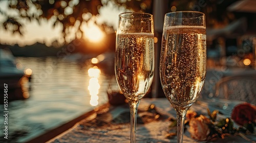 Two champagne glasses clinking during sunset celebration with warm light and romantic golden hour ambiance