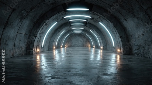 Underground hangar garage corridor with glowing lights, industrial sci-fi architecture for gaming, technology, and design ads