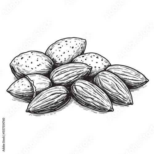 A monochrome vintage art silhouette of almonds meticulously illustrated showcasing texture and detail on a white background.