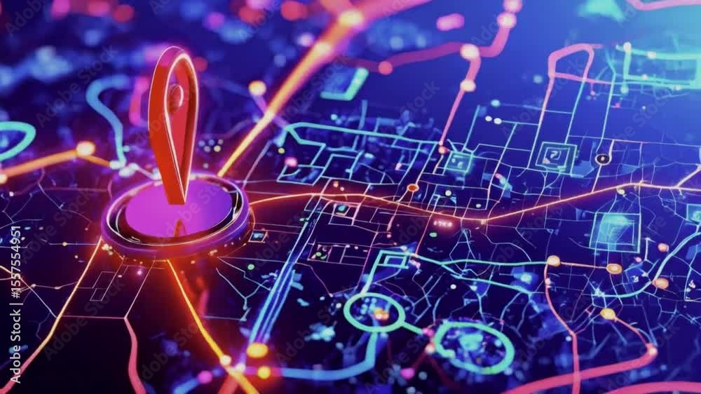 Dynamic Geospatial Map with Location Intelligence. Glowing Neon Map Pin technology Background.