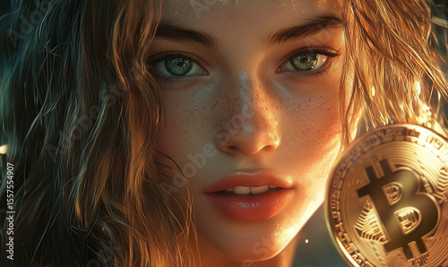 Bitcoin young girl. Photorealistic.