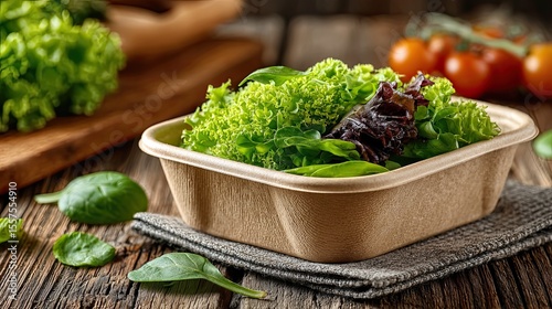 Vegan takeaway eco container with fresh salad, sustainable plant-based food packaging concept for health food ads