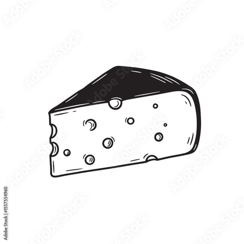 A simple vintage art silhouette of a delicious wedge of swiss cheese isolated on a white background.