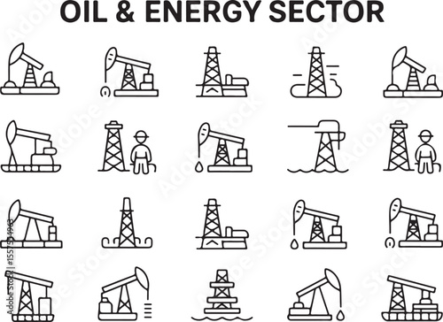 Oil and Energy Sector: Conceptual illustration of Oil and Energy Sector in flat design style, presenting multiple drilling machinery icons for industrial production.