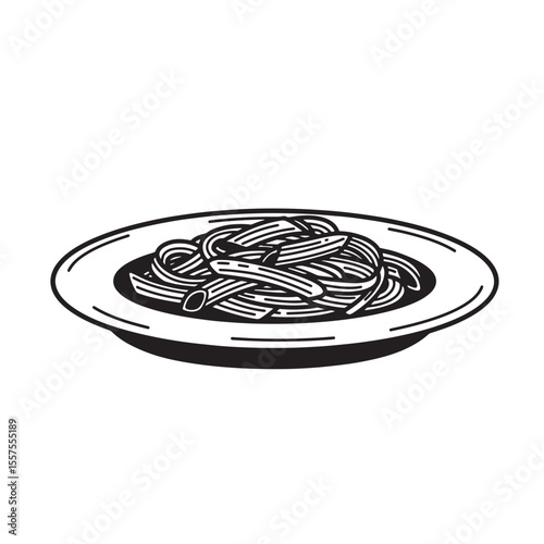 A stylized black and white illustration of a plate piled high with classic pasta, a delicious vintage art silhouette.