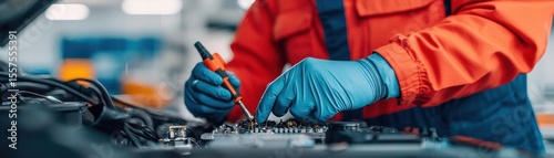automotive repair electrical system repair and safety inspection. Close-up of a technician testing a car battery voltage, ensuring optimal electrical performance