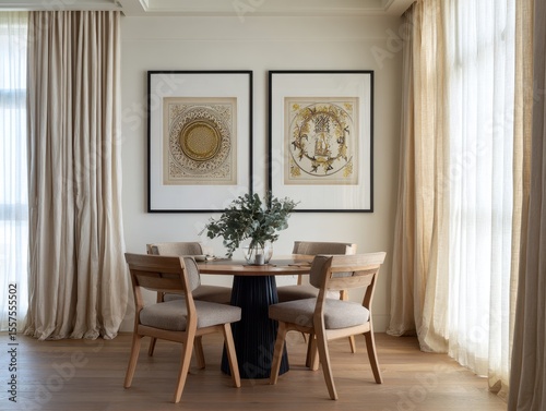 A table with four chairs and two framed pictures on the wall. The table is surrounded by curtains