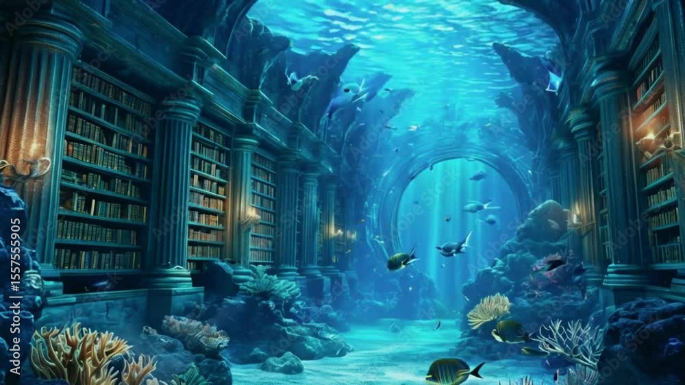 fantasy underwater deep ocean mysterious antiquity library background, 3d digital art style,.