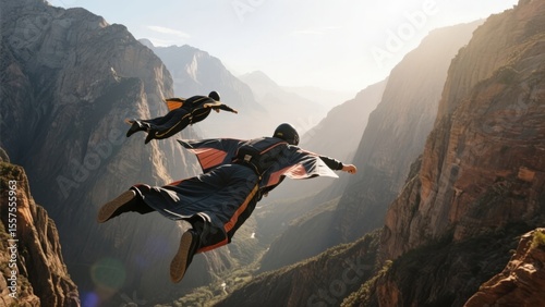 Two individuals in wingsuits soaring through a rugged canyon landscape under clear skies.