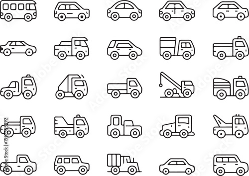 Vehicular Variety: A collection of meticulously crafted, black-and-white vehicle icons showcases a diverse array of transportation options.