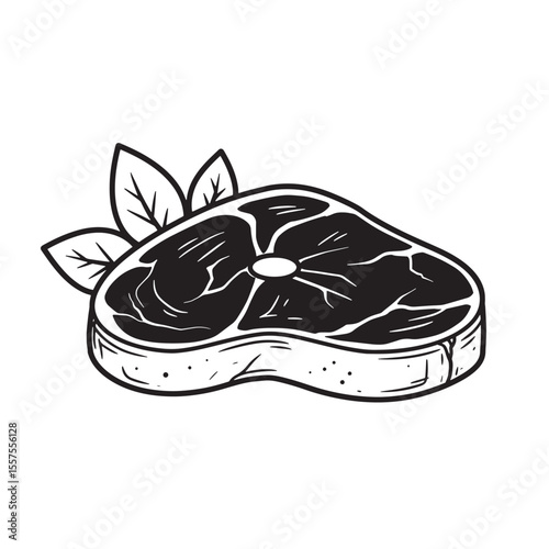 A vintage illustration showcasing a succulent steak paired with fresh aromatic leaves offering a flavorful design