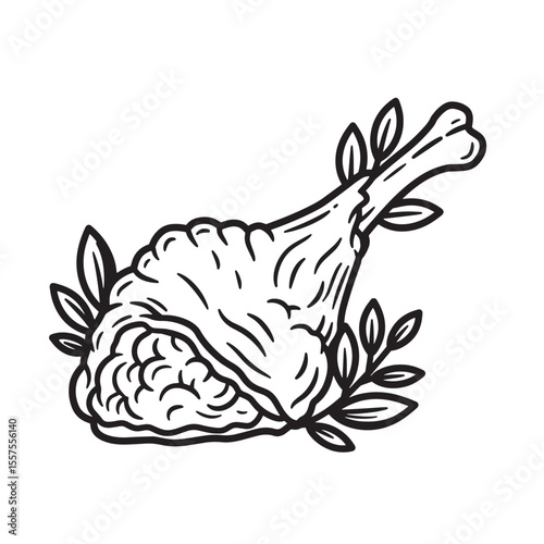 An artistic representation of a vintage art silhouette of a cooked chicken leg garnished with sprigs of leafy herbs and ready for a celebratory feast.