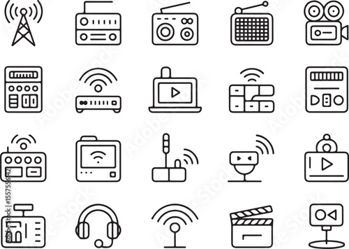 Technological Communication Symbols: a comprehensive collection of technological and communication-related line icons, featuring essential symbols.