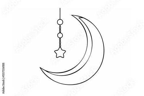 Elegant monochrome illustration of a crescent moon with a star pendant for celestial concepts