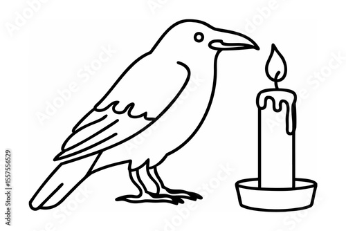 Black raven bird and lit candle illustration outline for halloween decorations and design elements