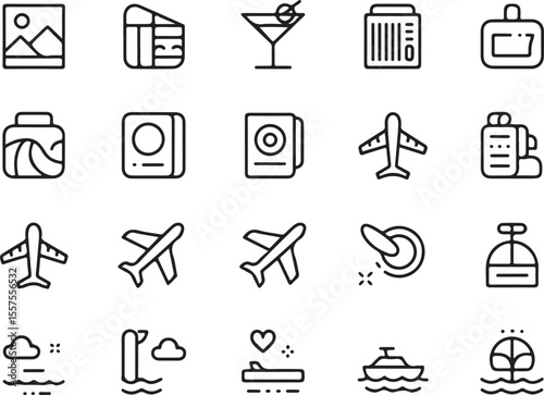 Travel Icons: A minimalist illustration showcases an array of travel-related icons. Each icon is meticulously crafted in a linear style, offering a modern and clean aesthetic.