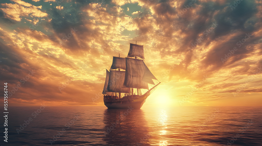 Obraz premium Sailing ship at sea with a dramatic sunset. 