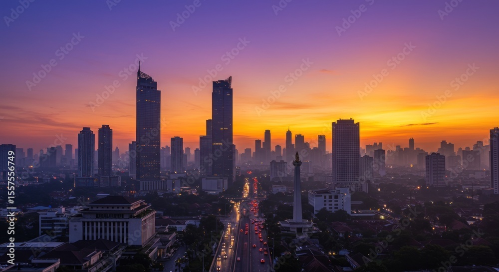Obraz premium City skyline silhouetted against a vibrant sunset, featuring tall buildings.