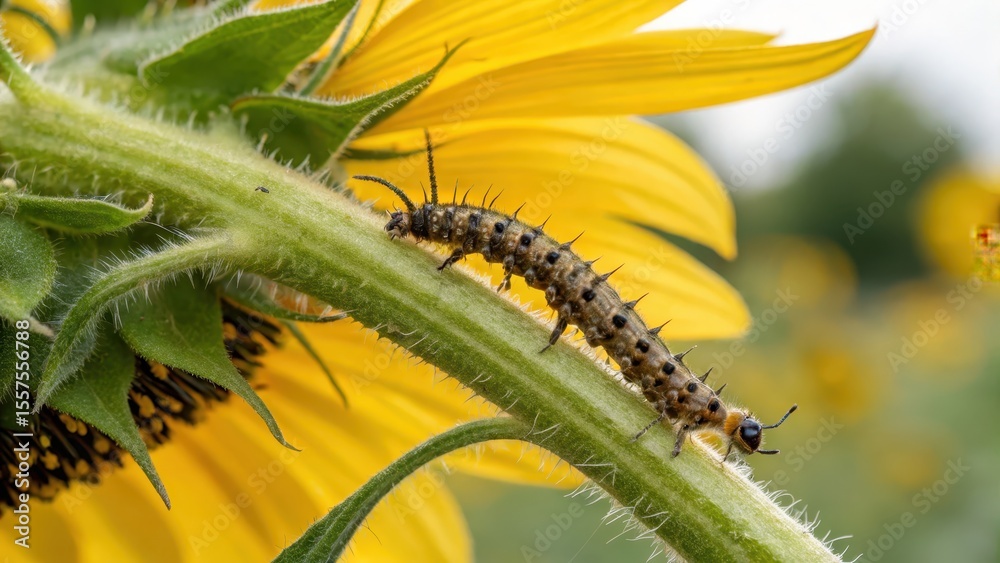 Fototapeta premium Caterpillar on a sunflower stem, showcasing vibrant yellow petals in the background.