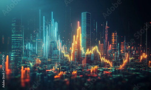 A bitcoin with a rising trend line and futuristic cityscape, representing cryptocurrency growth and digital financial markets