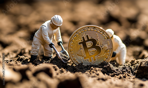 Macro miner figurines digging ground to uncover big shiny bitcoin.
